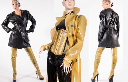 DUDEA Trenchcoat, shown in natural and black latex versions
